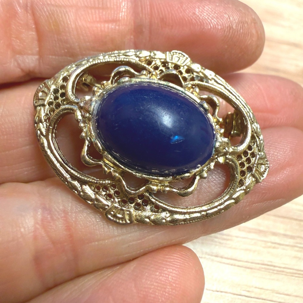 Vintage Blue Resin Cabochon Brooch Gold Tone Ornate Openwork Statement Pin